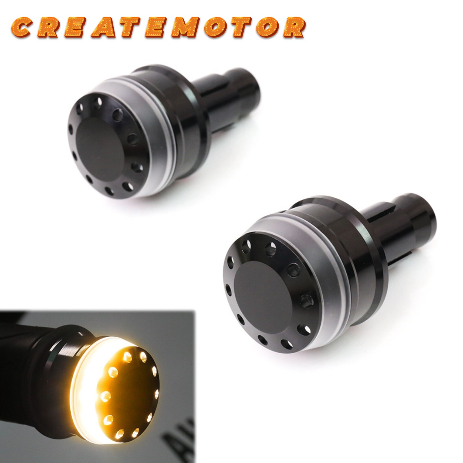Motorcycle LED Bar End Lights | Amber Turn Signal Indicators | Black Finish