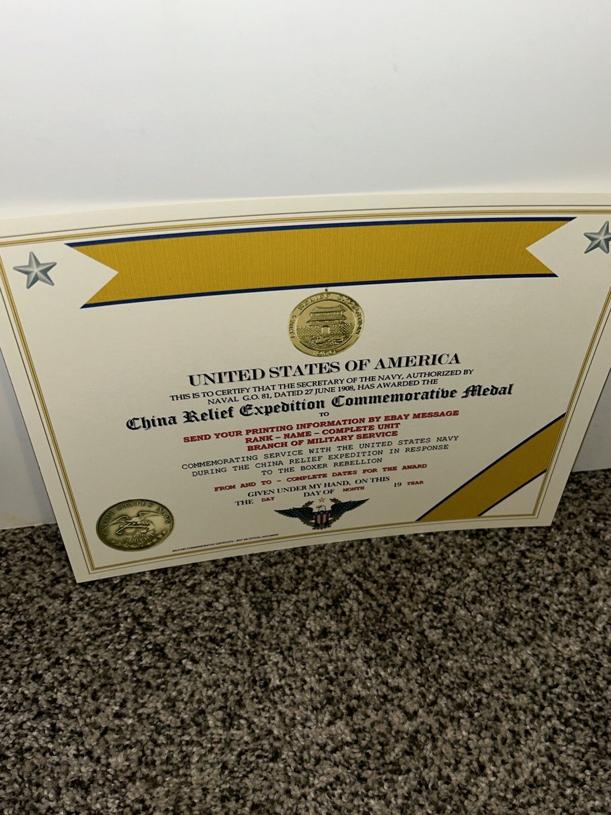 CHINA RELIEF EXPEDITION COMMEMORATIVE MEDAL CERTIFICATE ~ W/PRINTING TYPE-1