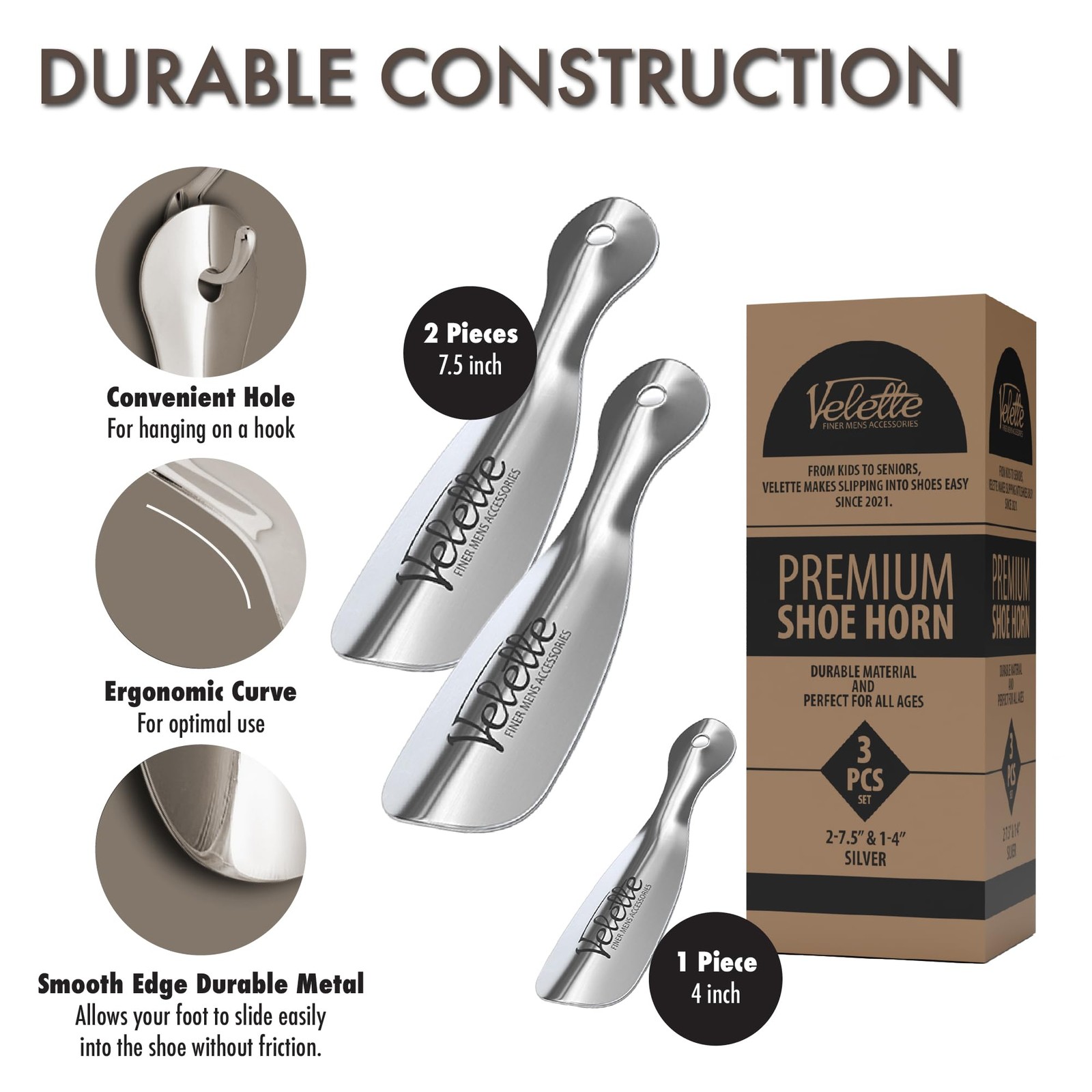 Velette 3-Pack Metal Shoehorn - 2 Set 7.5" Long Shoe Horn,1 Set