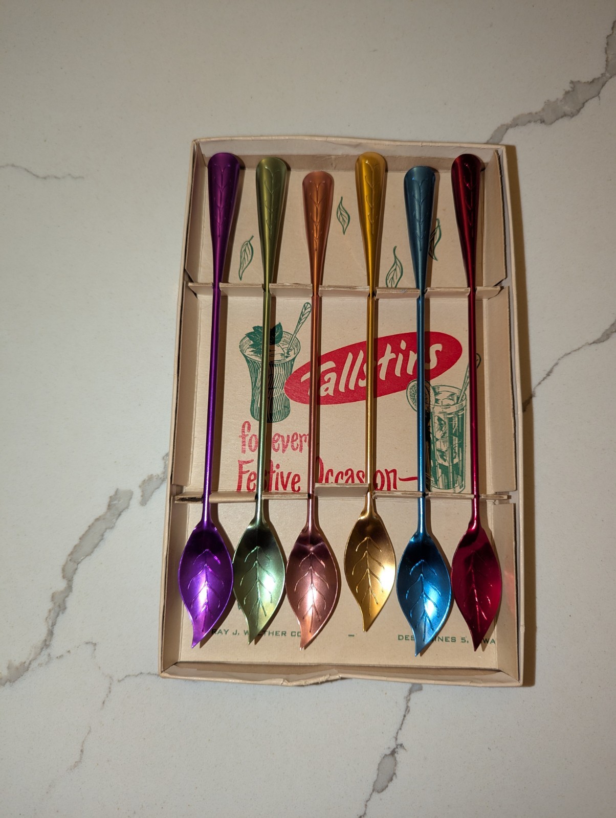 Tallstirs Aluminum Leaf Spoons MCM 1950s Original Box Bar Mid-century Modern