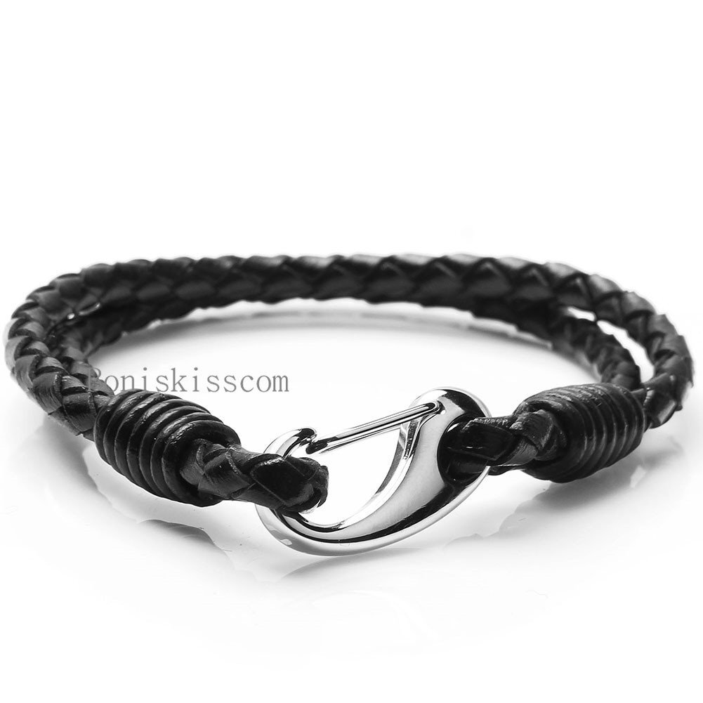 Braided Black Leather Men's Bracelet Wristband w Silver Stainless Steel Clasp