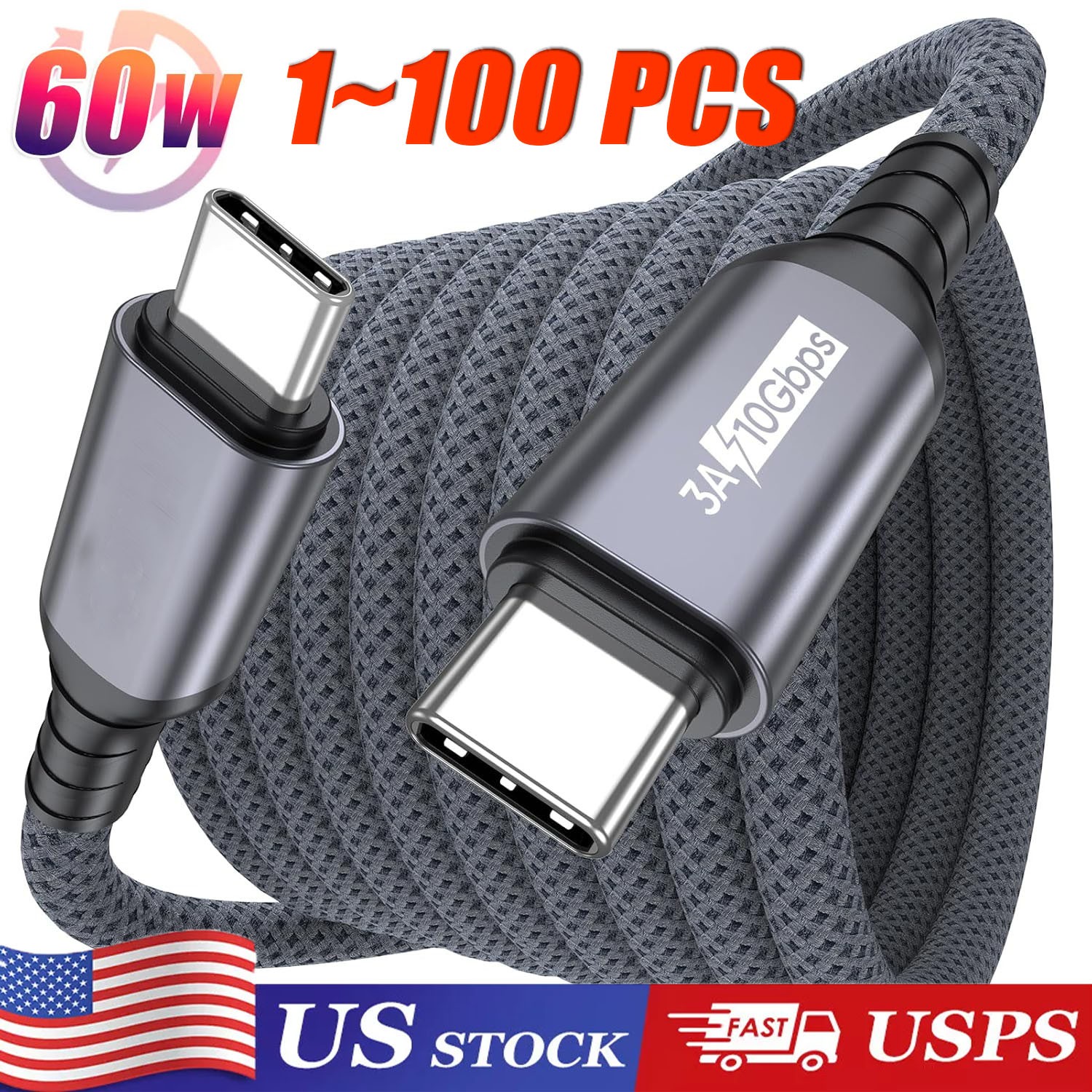 60W USB C to C Cable Fast Charge PD Nylon Cord 3/6/10FT for iPhone17 Samsung lot