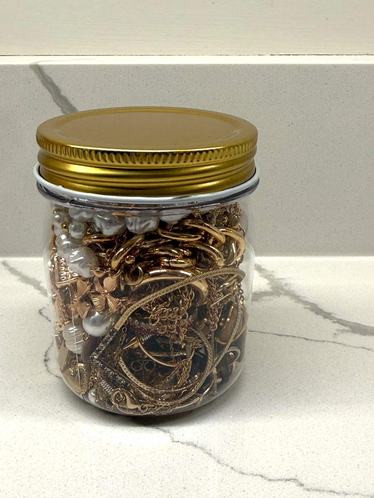 Mystery Jewelry Jar 8 oz – Gold Tone, Blue & Pearl Accents, Wearable Lot