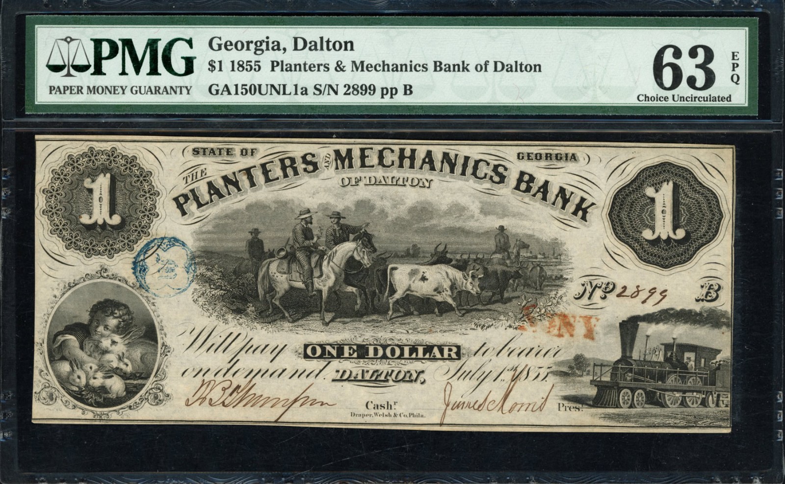 1855 Planters & Mechanics Bank of Dalton GA $1 PMG 63 EPQ GA150UNL1a