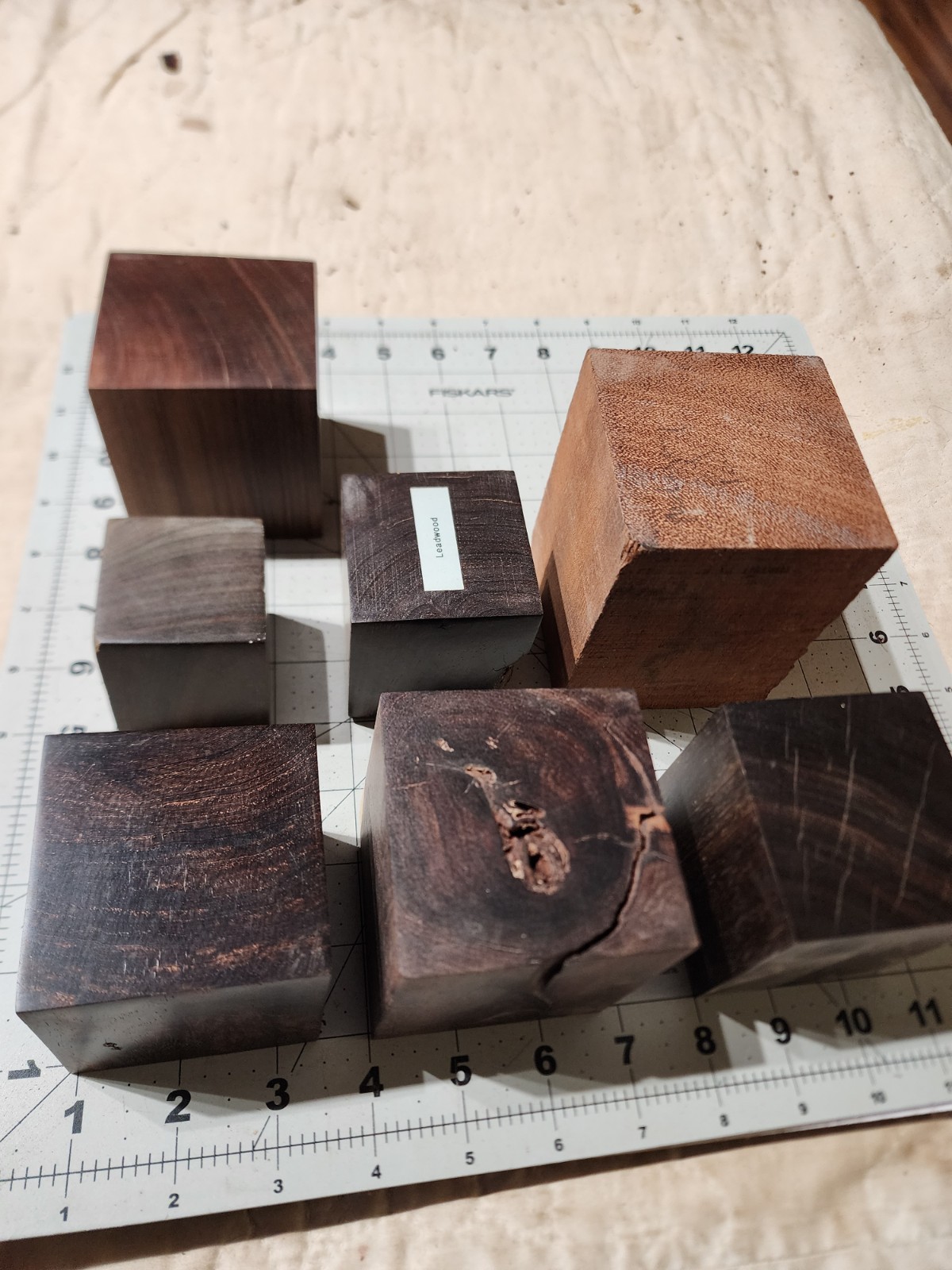 Seven Exotic Wood Cubes, 2 To 3" Square, For Turning Or Samples