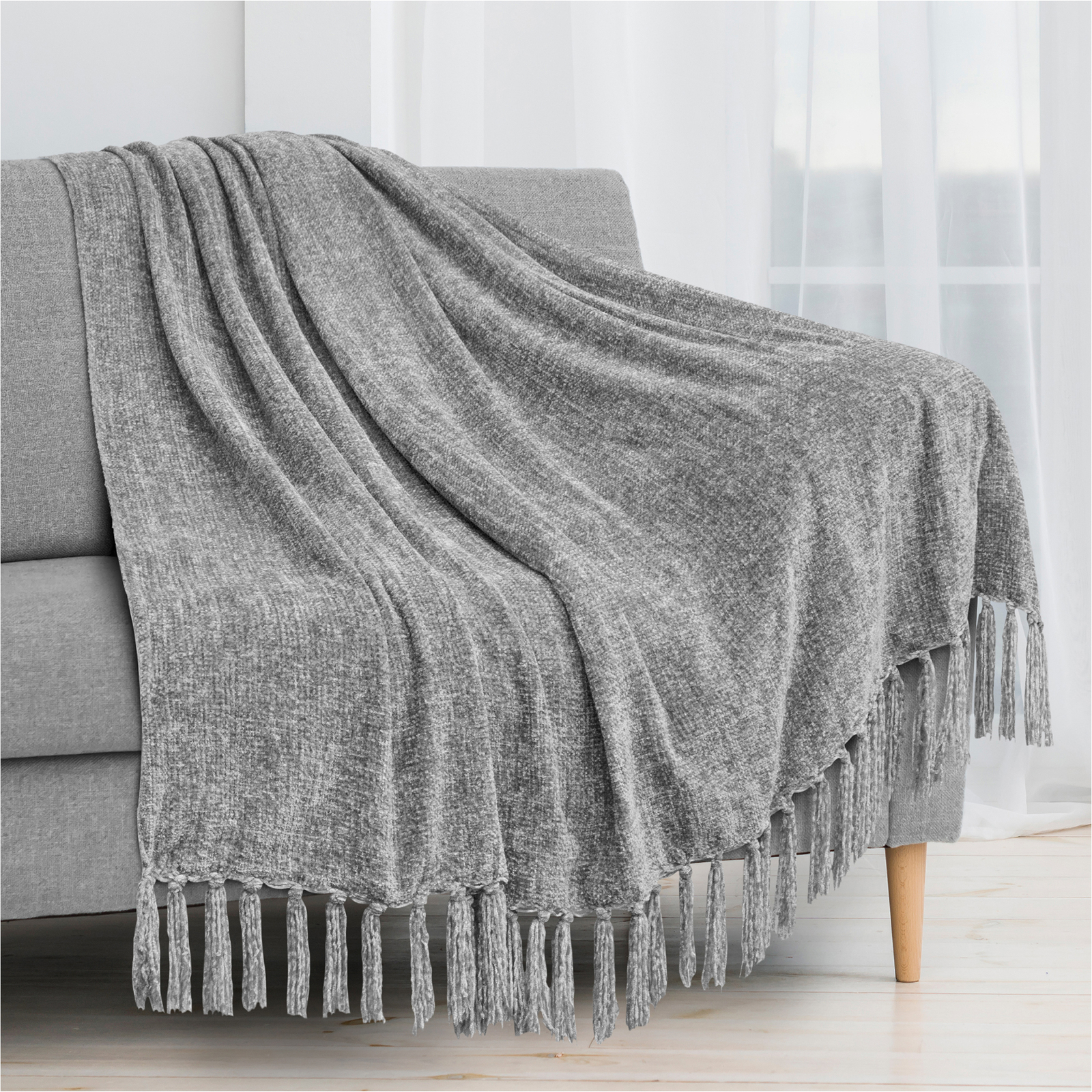 Fluffy Chenille Knitted Throw Blanket Decorative Fringe for Bed Sofa Couch Chair