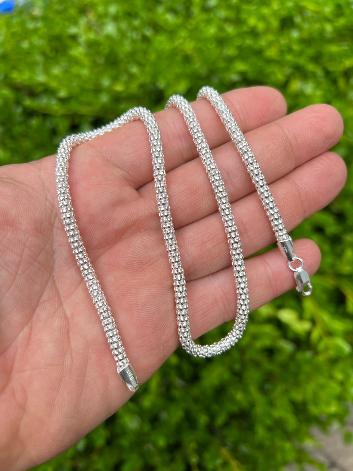 Real Solid 925 Sterling Silver Diamond Cut Popcorn Mesh Chain Necklace Coreana