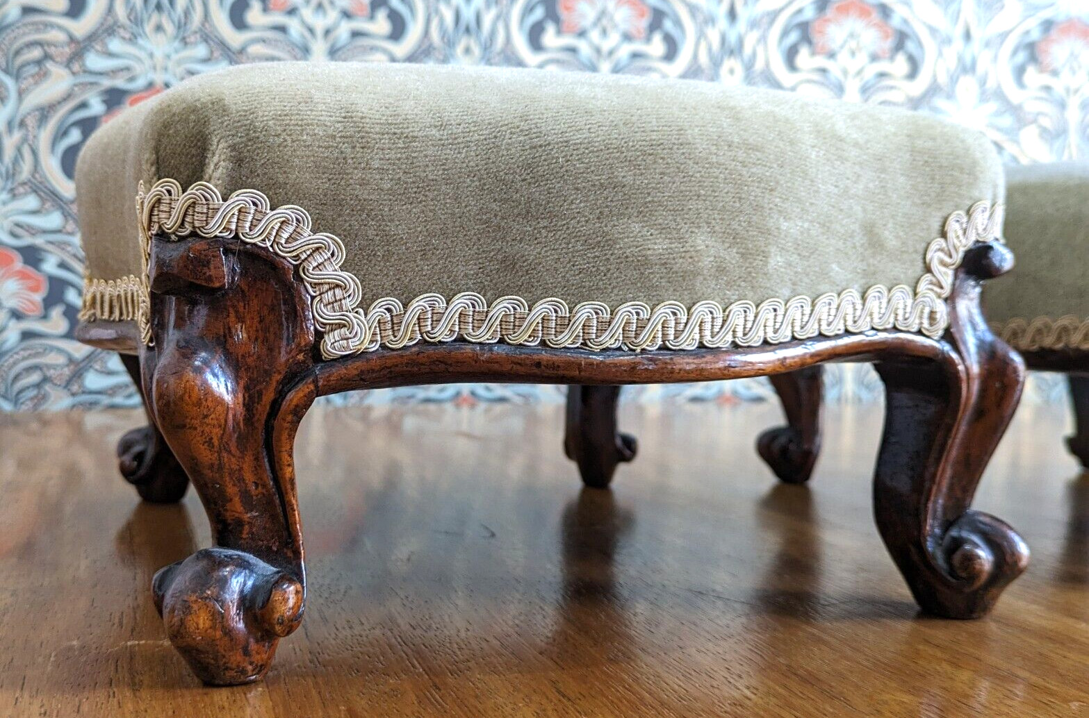 Pair of 19th Century Walnut Wood Cabriole Leg Green Footstools Victorian Antique