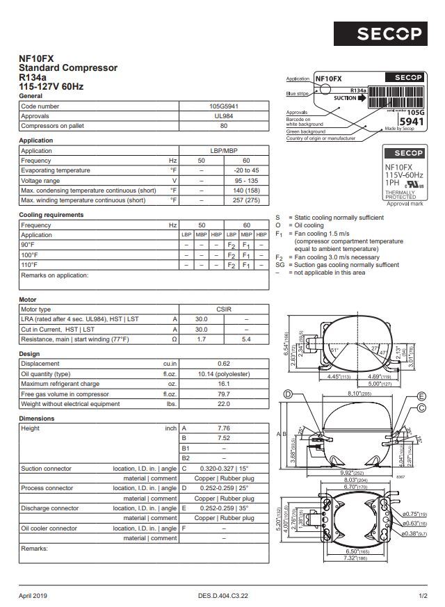 Secop NF10FX R134a Hermetic Refrigeration Compressor 1046 BTU LBP 3756 BTU HBP