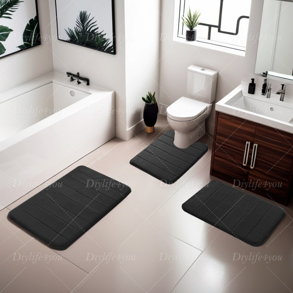 3PCS MEMORY FOAM BATH MAT PEDESTAL SET NON SLIP TOILET BATHROOM CONTOUR RUGS