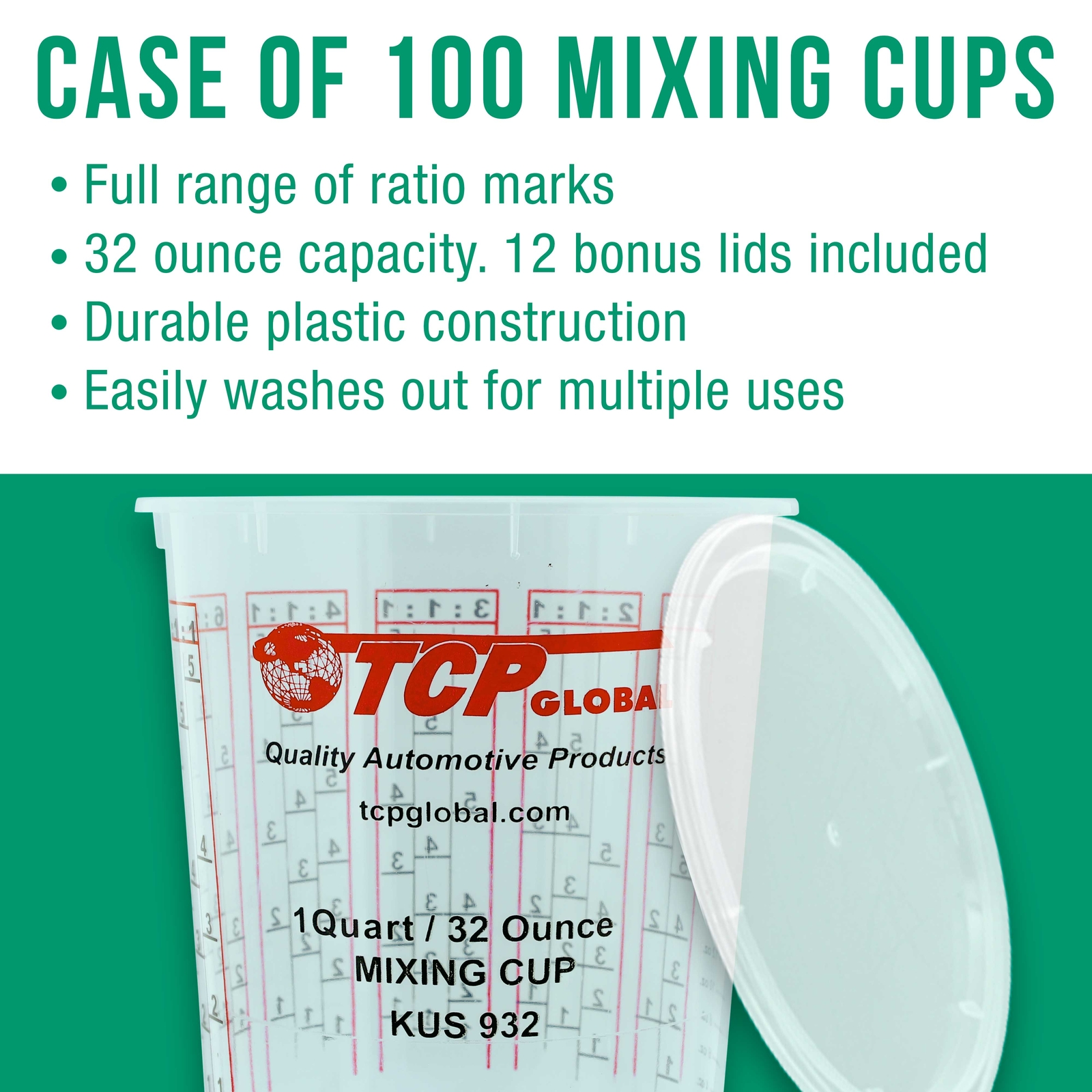 32-Ounce (1 Quart) Paint & Epoxy Mixing Cup Calibrated Ratios - 100 Cups/12 Lids