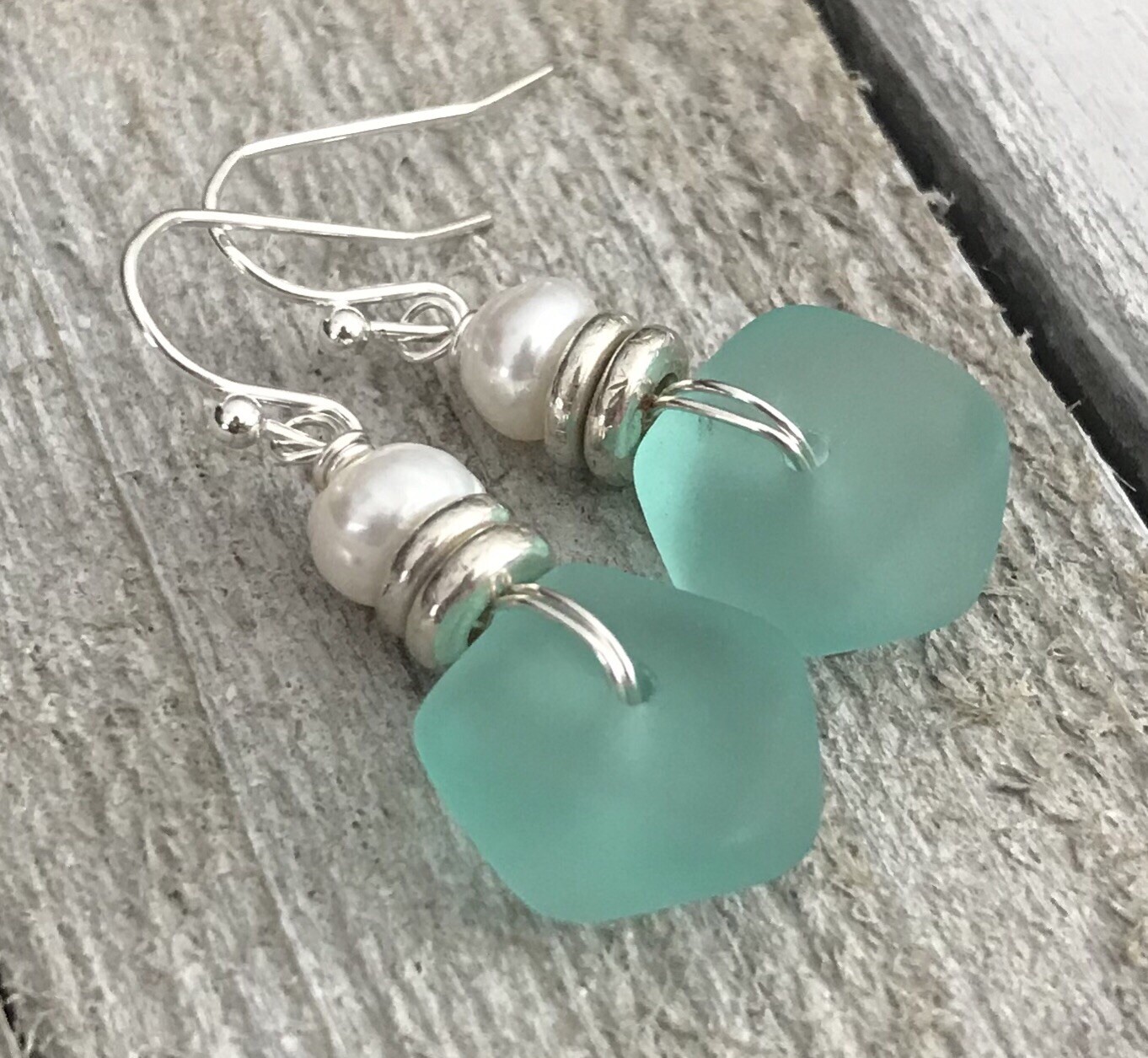 Min Favorit Turquoise Bay Sea Glass, Freshwater Pearl & Silver Pl Drop Earrings