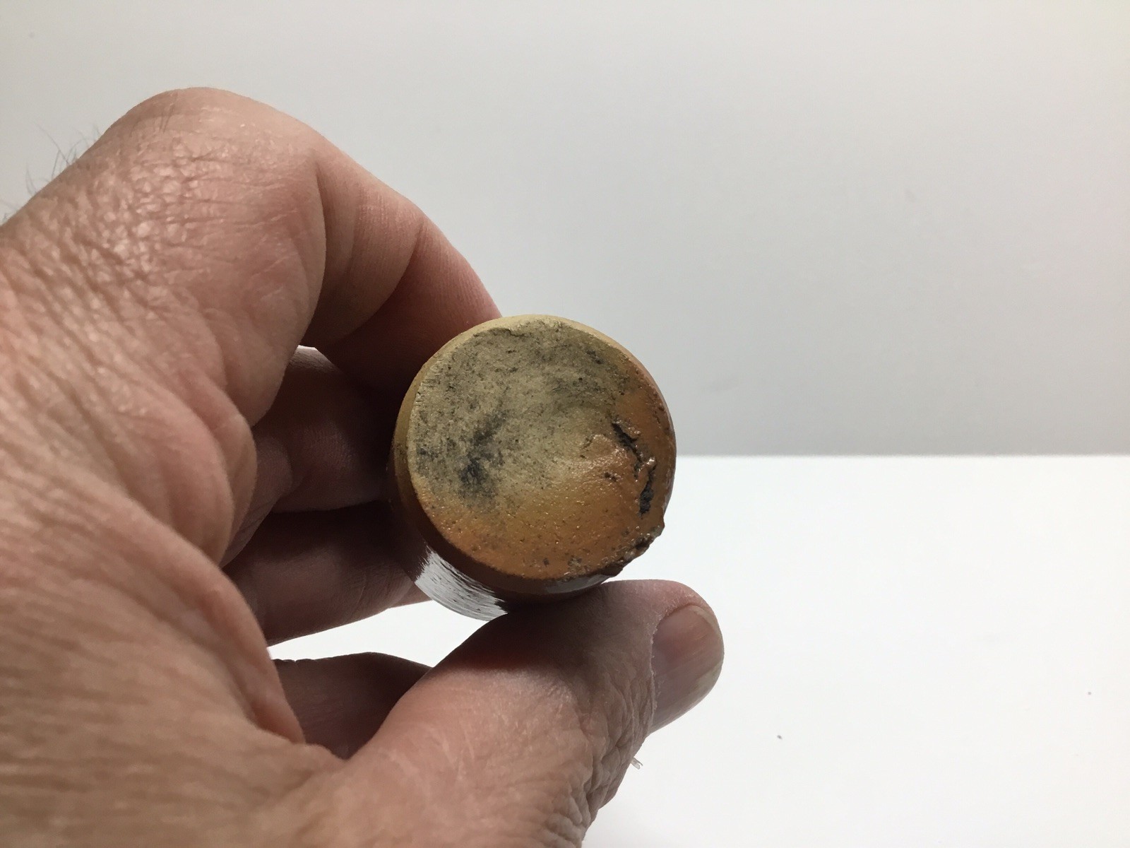 Tiny Antique Stoneware Ink Bottle 1 3/4 Inches Tall.