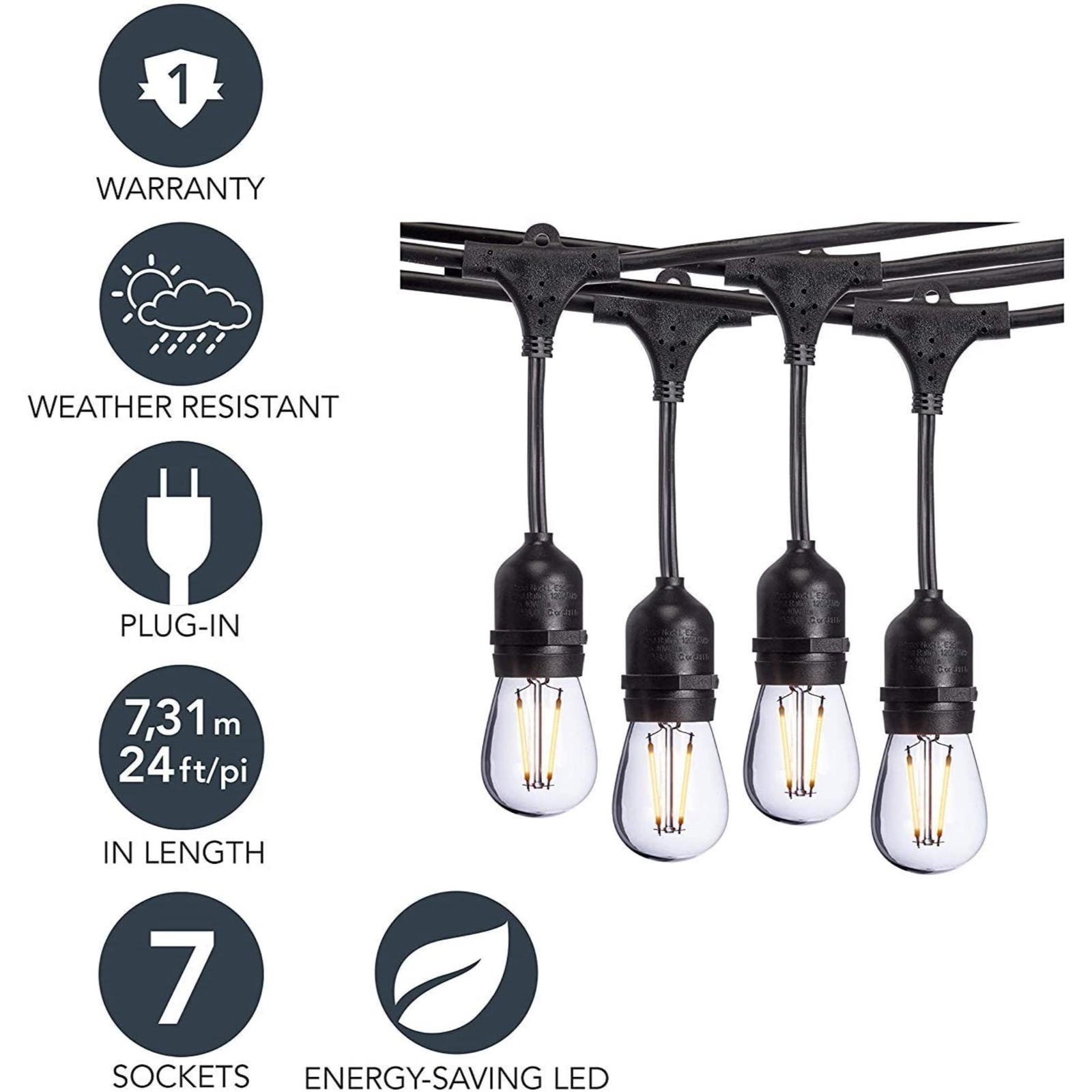 Sterno Home Waterproof Outdoor LED String Lights For Patio, Black, 48 Feet