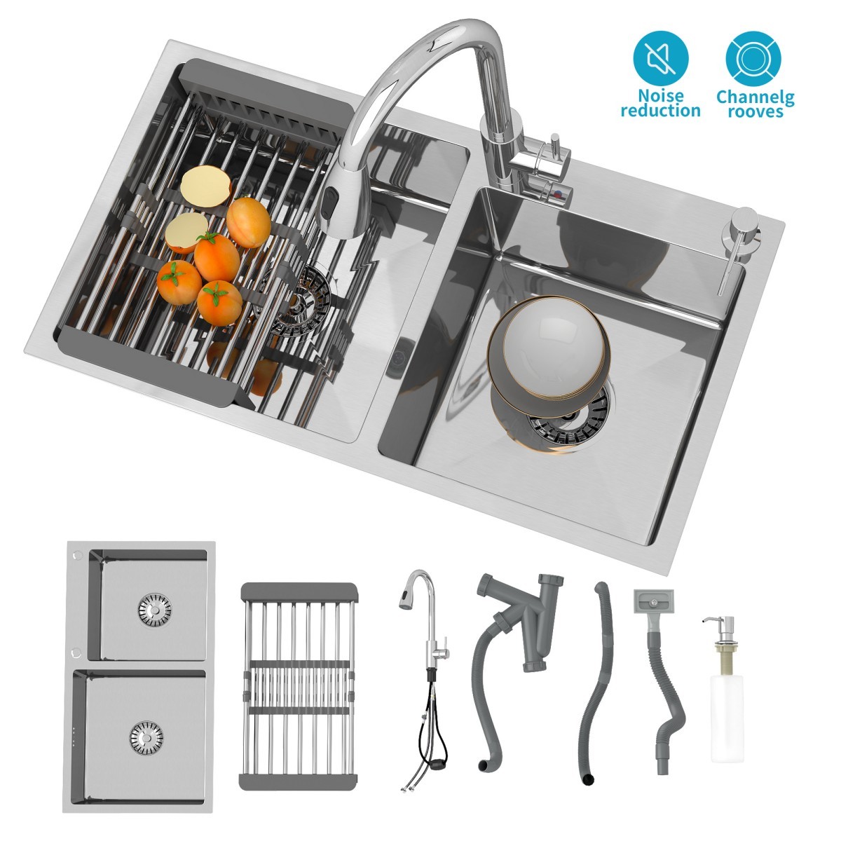 Stainless Steel Kitchen Sink 30" 32" Drop In Top Mount Double Bowl with Faucet