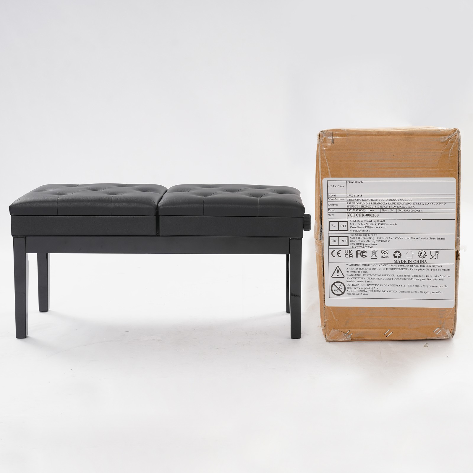 Double Seater Piano Bench Adjustable Duet Piano Bench w/ Storage Box 200 kg max.