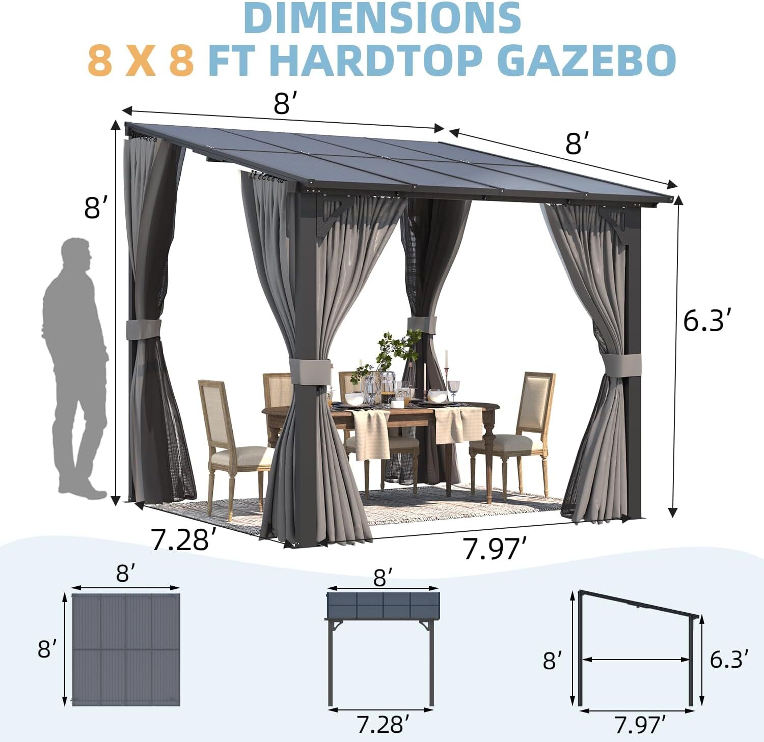 Wall-Mounted Hardtop Lean to Metal Pergola, Patio Gazebo w/ Curtains and Netting