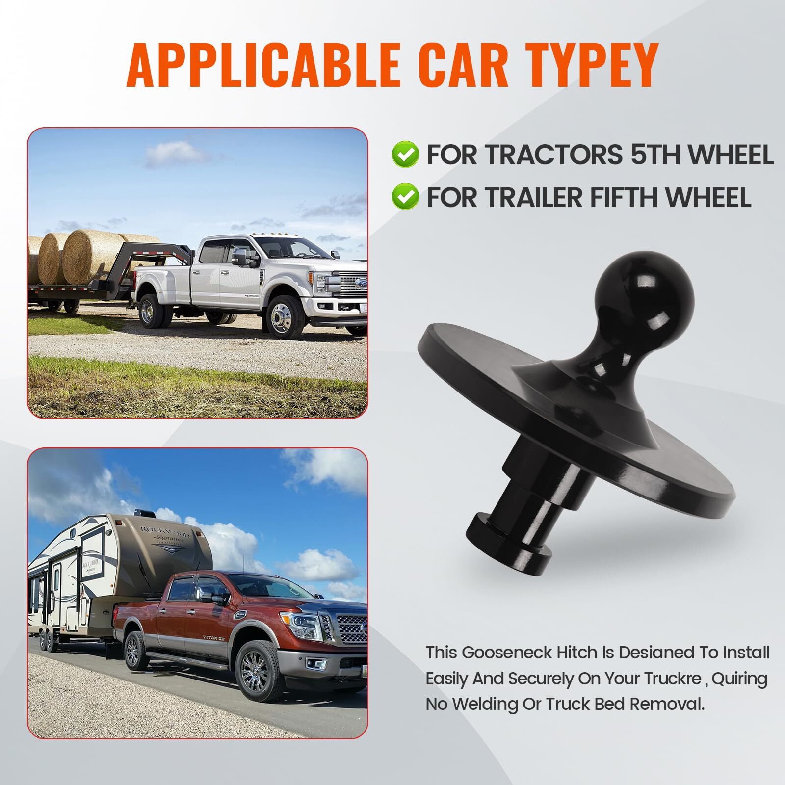 5th Wheel to Gooseneck Adapter 2-5/16" Ball King Pin 30000 lbs Load Capacity