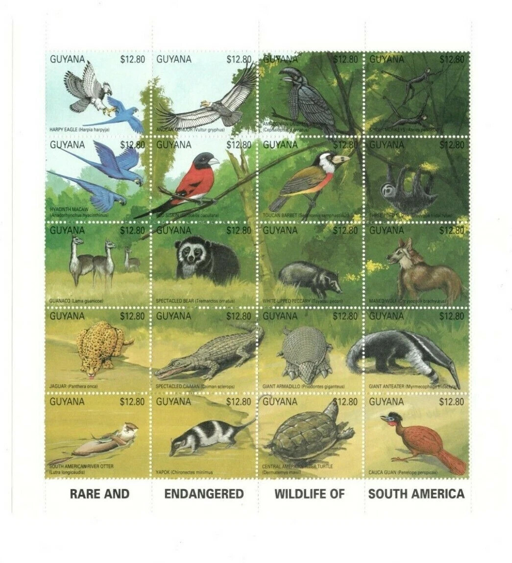 Guyana 1990 Endangered Wildlife Souvenir Stamp Sheet Of 20 Stamps Scott #2381