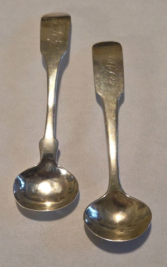 2 Antique American Coin Silver Salt Cellar Spoons 19th Century