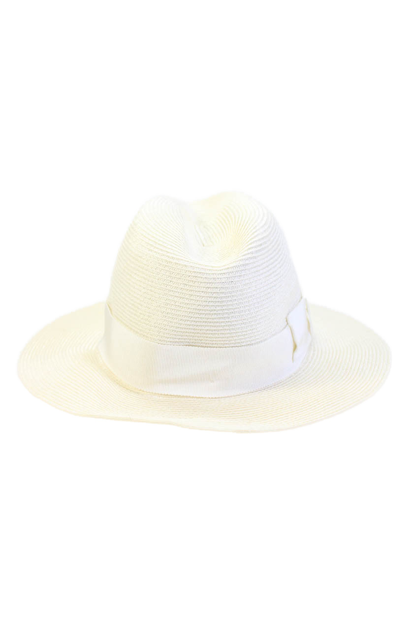 Gucci Womens GG Grosgrain Strap Woven Fedora Hat White Size Small