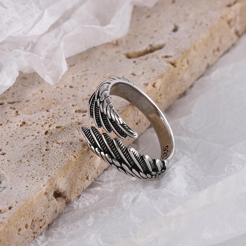 925 Sterling Silver Angel Wing Feather Adjustable Ring Luxury Wedding Jewelry