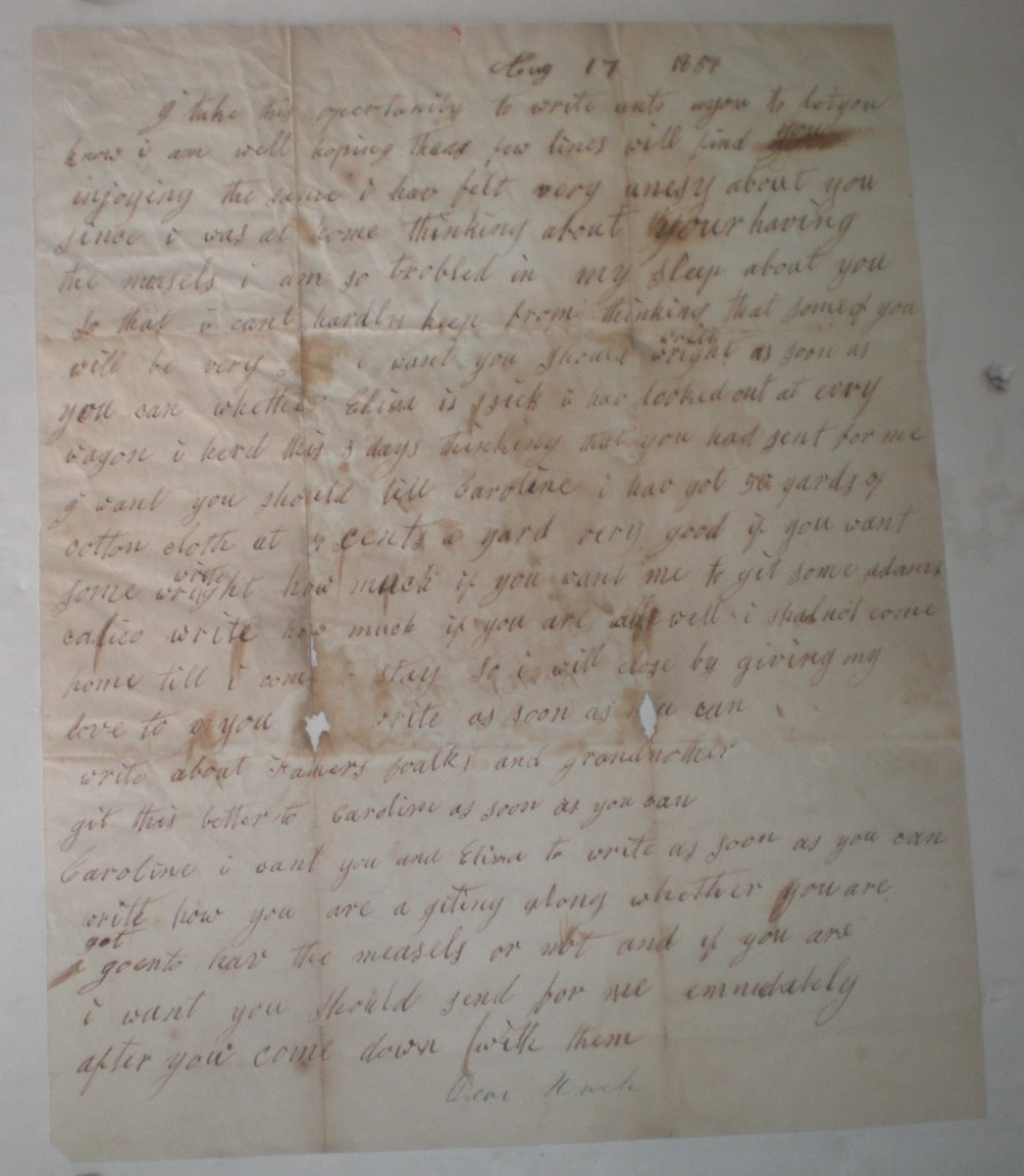 1851 Handwritten Letter, Found in Wall