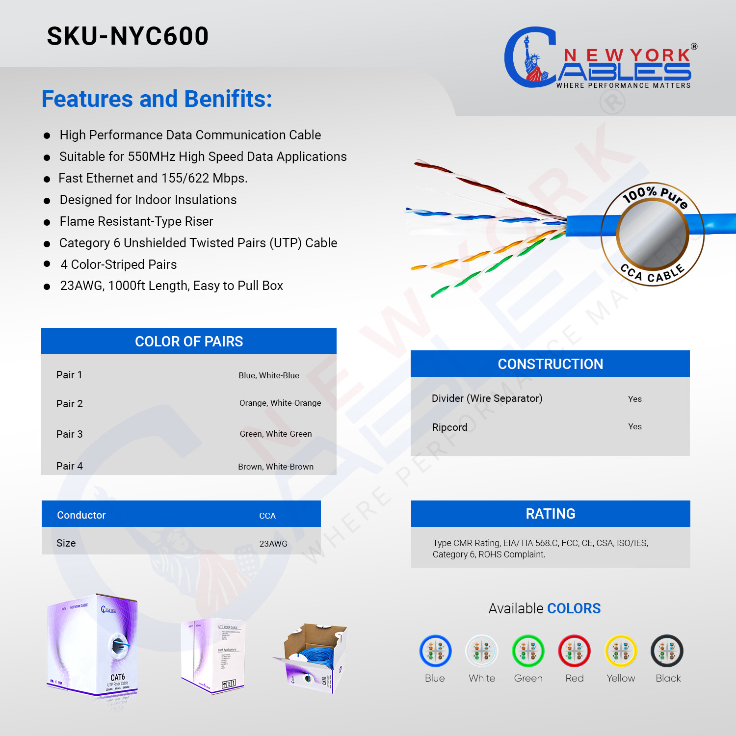 Cat6 Cable 1000ft Riser Rated CMR 23AWG 550MHz Bulk Network Ethernet Wire Blue