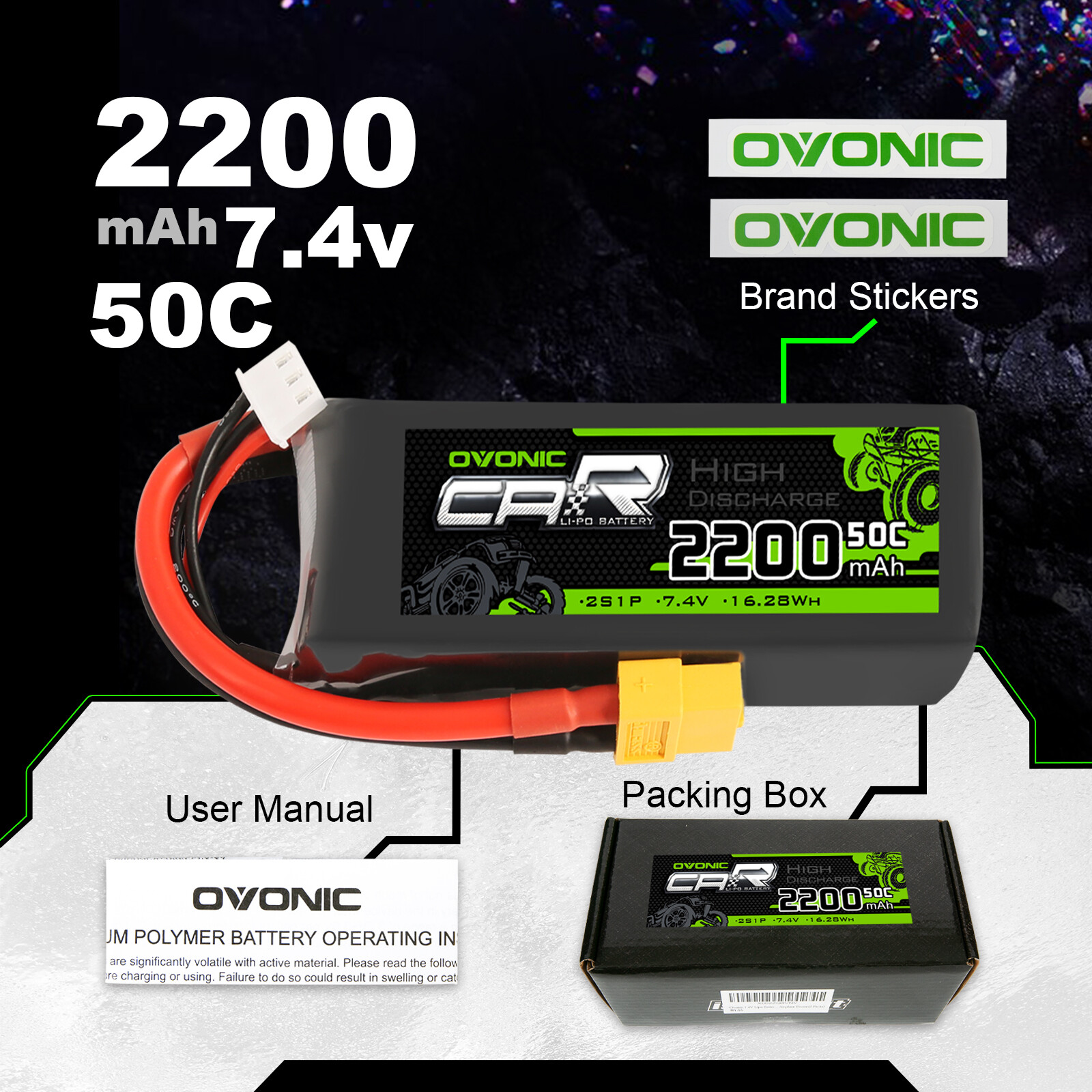 2X Ovonic 7.4V 50C 2200mAh 2S Lipo Battery XT60 Plug For 1/16 TRX RC Car Truck