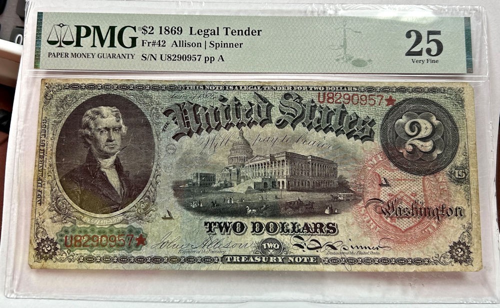 PMG 25 VF FR#42 $2 1869  “RAINBOW” LEGAL TENDER BEAUTIFUL NOTE [036laJ]