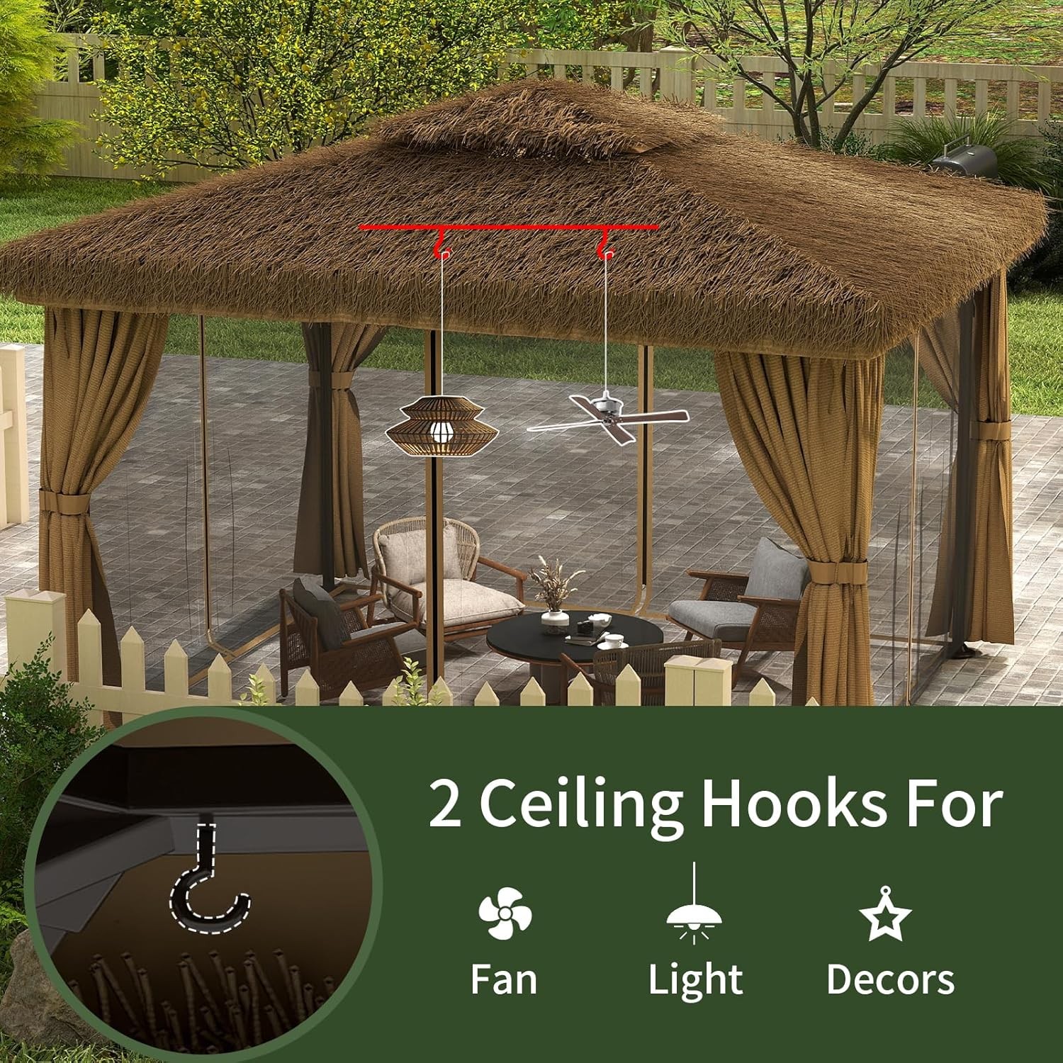 Double Thatched Roof Canopy,Outdoor Aluminum Frame Gazebo with Curtains Netting