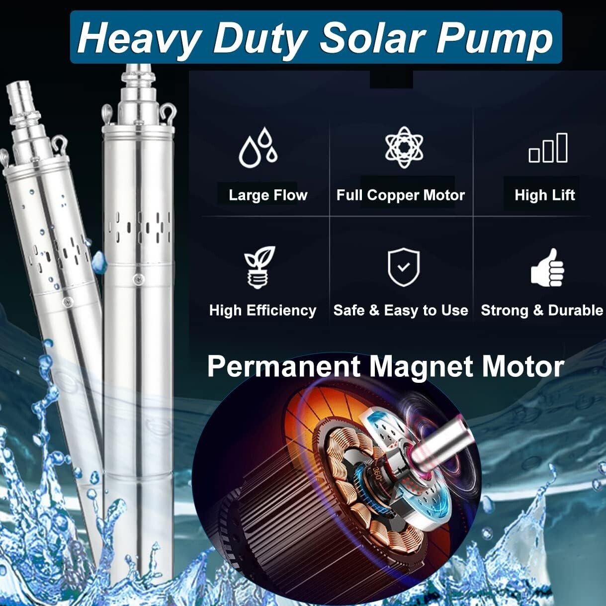 DC 24V 3'' Solar Deep Well Pump Water Pump 2300L/h Stainless Steel Submersible