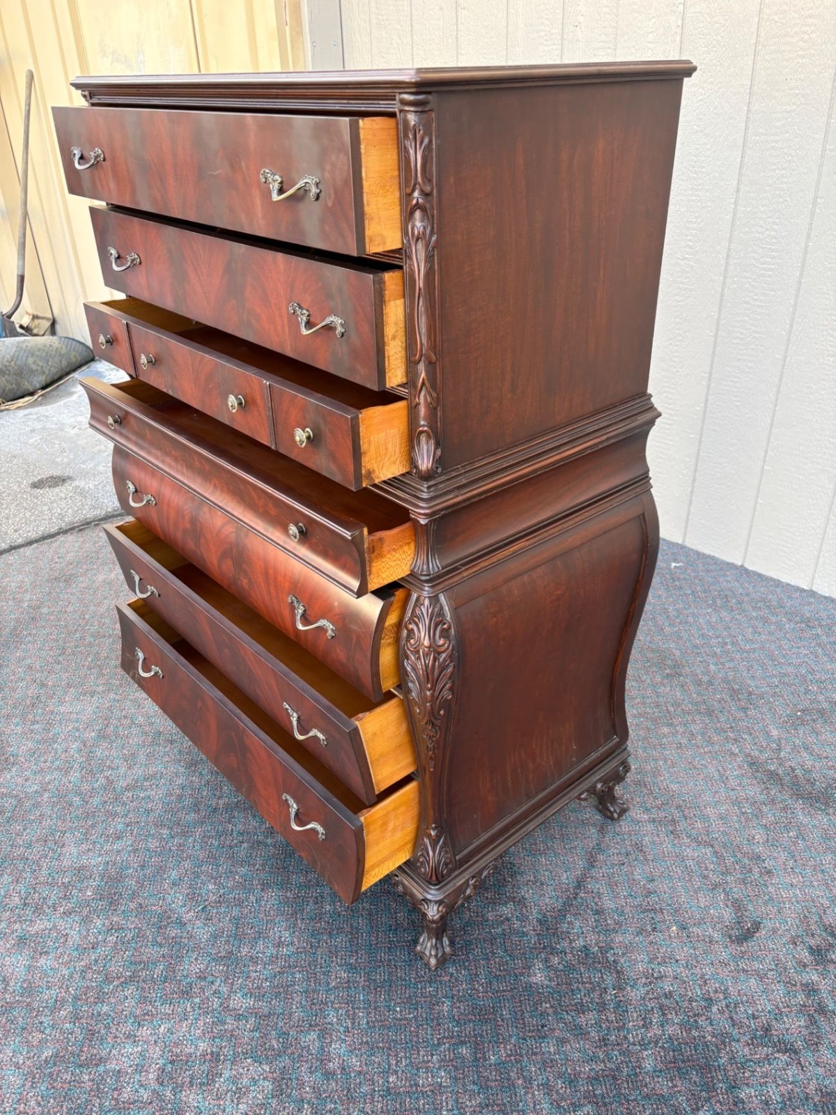 67492 Flame Mahogany Carved High Chest with Ornate Detailing