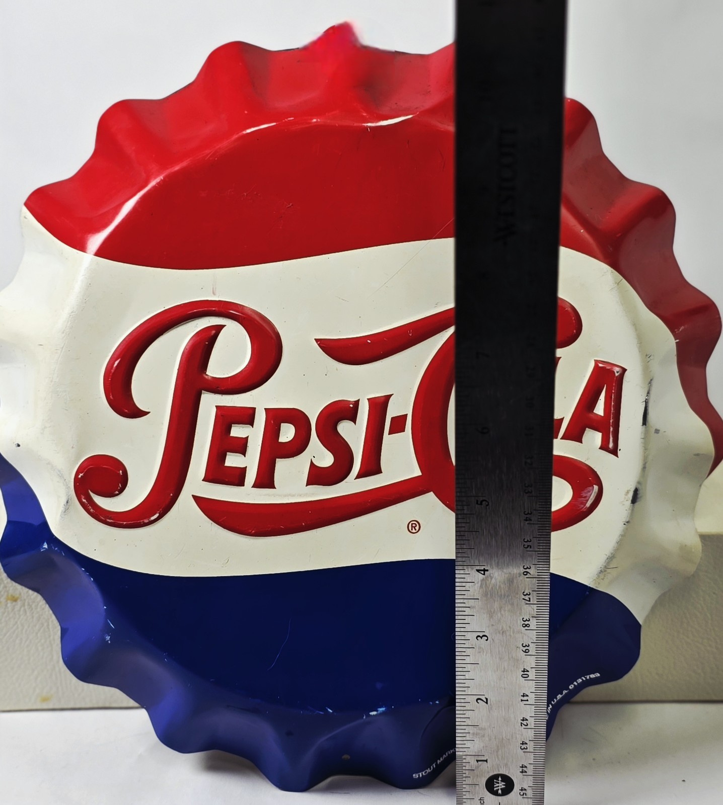 Pepsi-Cola Bottle Cap Sign 11" | Metal Embossed | Stout Marketing St. Louis, Mo.