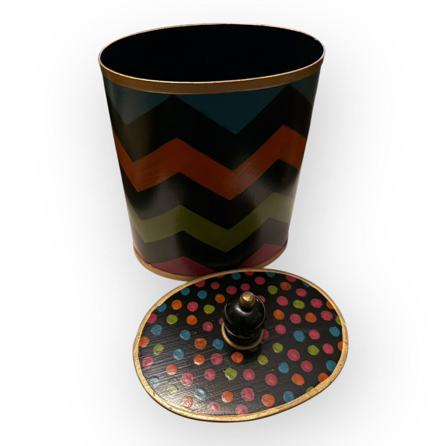 Mackenzie-Childs Trampoline Boutique Cotton Box & Lid Zig Zag Polka Dots 7.5”x5”