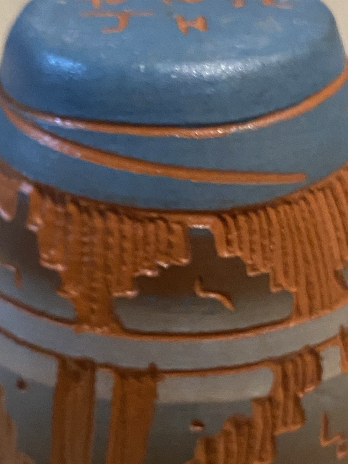 Signed Navajo Miniature Red Clay With Blue Overlay Etched Pottery Vase 4”
