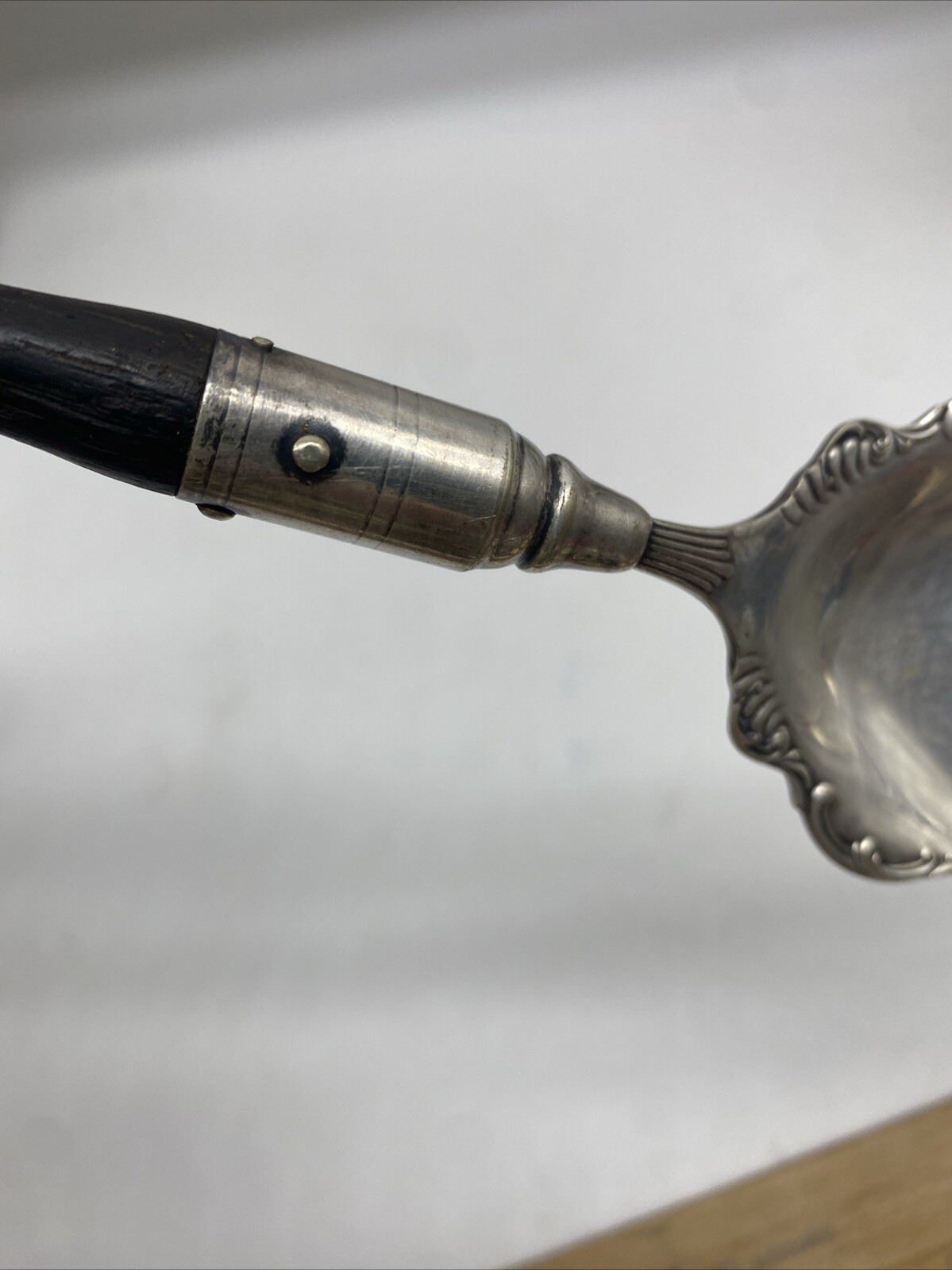 Antique Large Victorian Ornate Silver Serving Fork Wooden Handle 12"