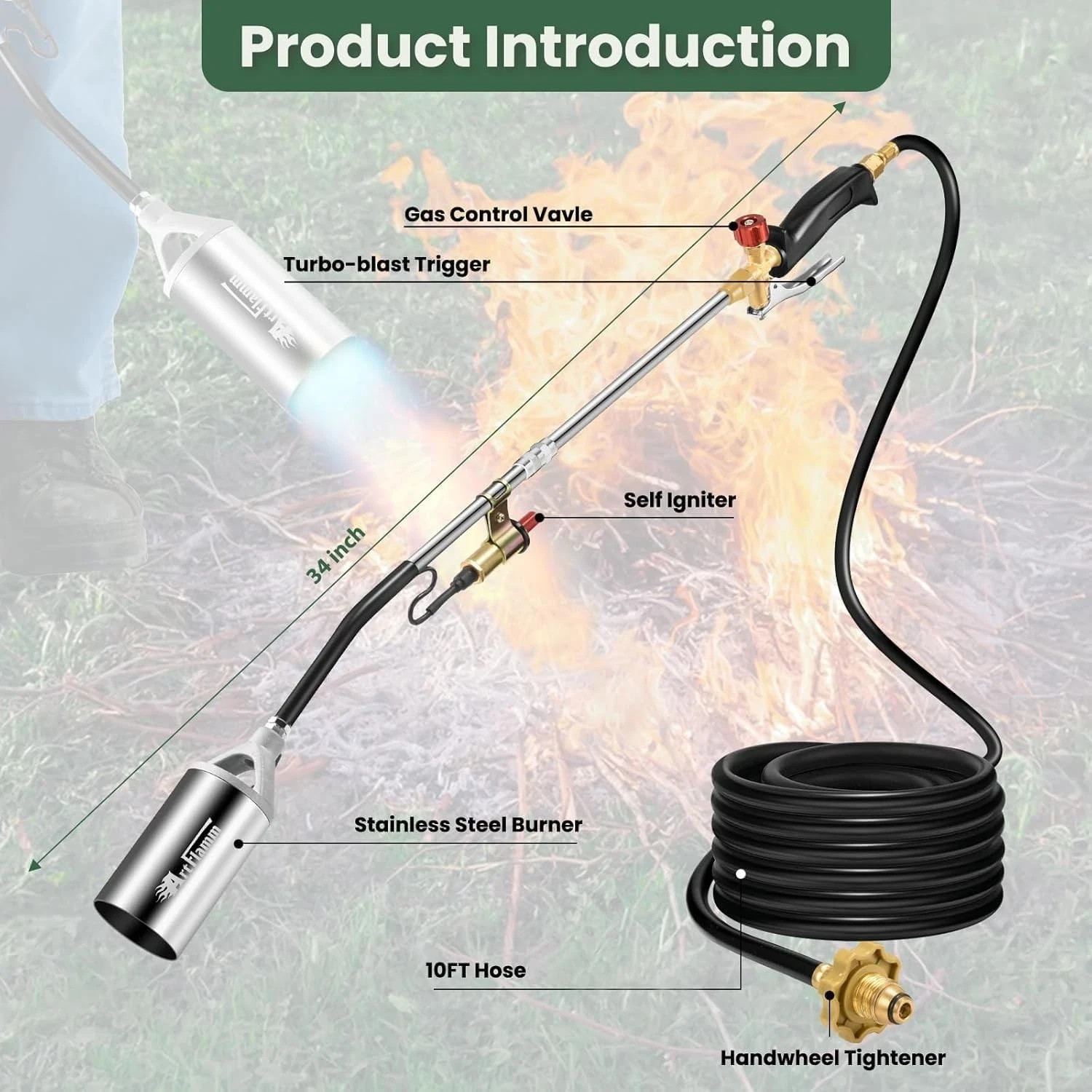 Portable Propane Torch Weed Burner – High Output BTU Flame Torch with 10FT Hos