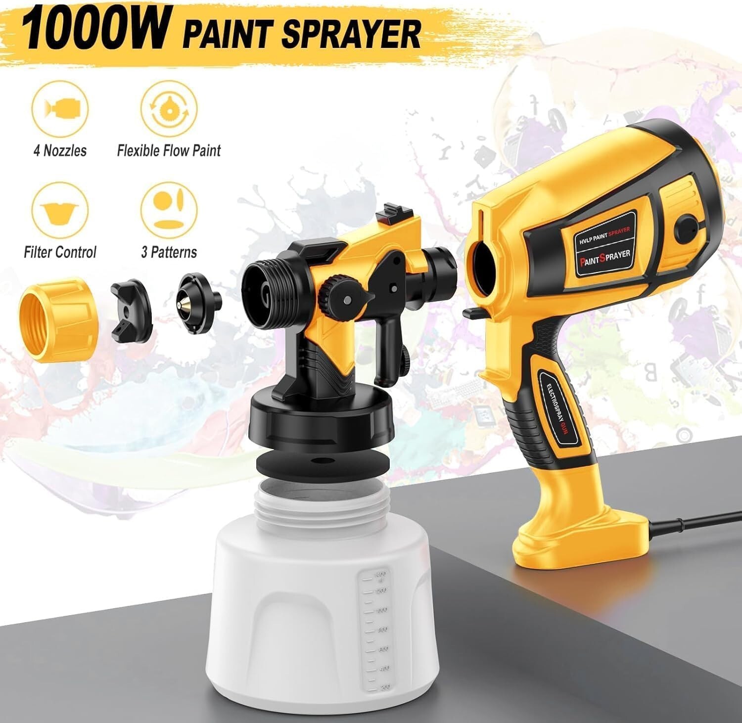 Paint Sprayer 1000W High Power Electric Spray Paint Gun with Adjustable Spray Wi
