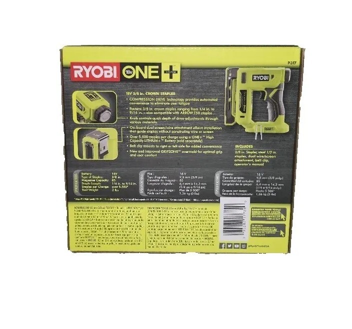 Ryobi P317 ONE+ 18V Cordless Compression Drive 3/8 in. Stapler (Tool Only) NEW!