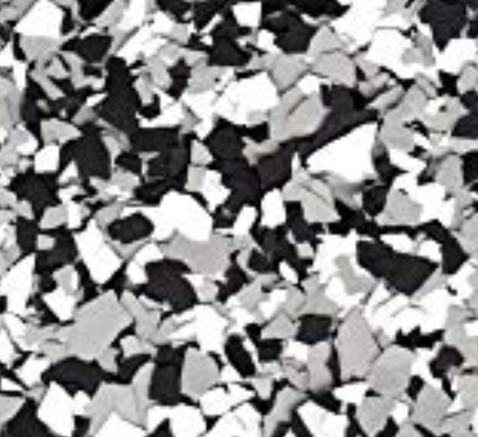 CHIPS FLAKES FOR EPOXY FLOORS DOMINO TUXEDO MIX 1/4” 50 Lb Cs