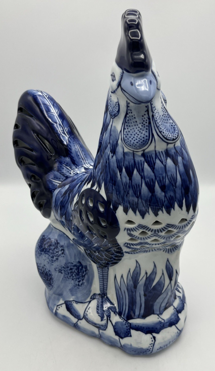 Ceramic Blue And White Chinoiserie Pierced Rooster Bird 15" High