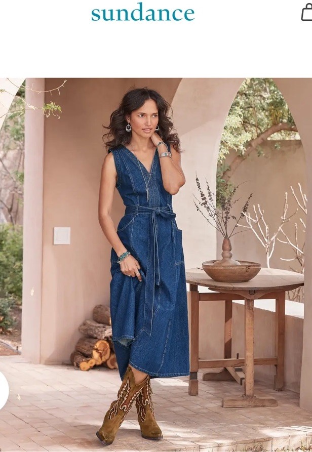 NEW! SUNDANCE LIVING CATALOG Women Poppy Denim Dress Dark Blue Wash Belted SZ 8