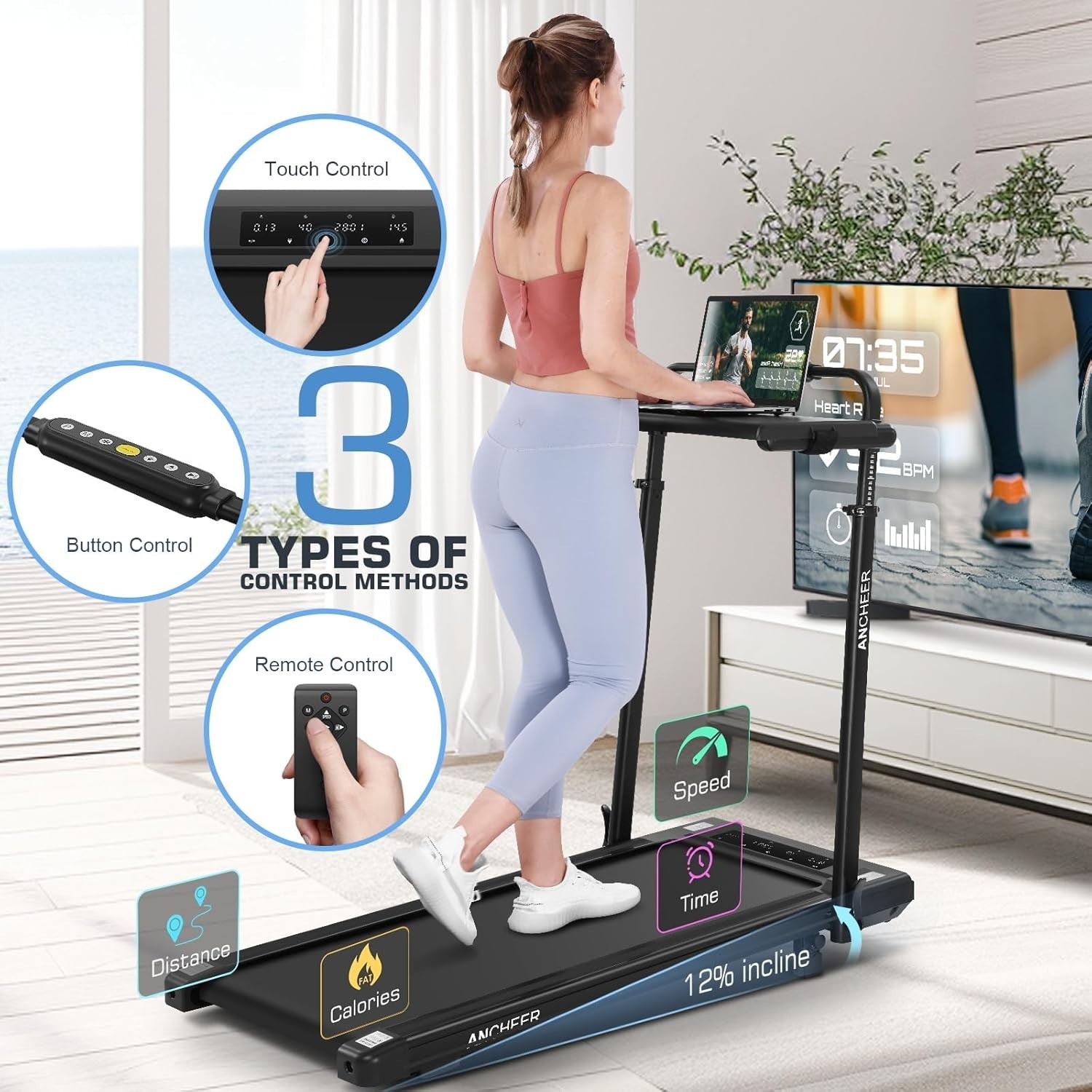 Foldable Treadmill with 12%Incline, 3.5HP Powerful Treadmill w/Adjustable Height