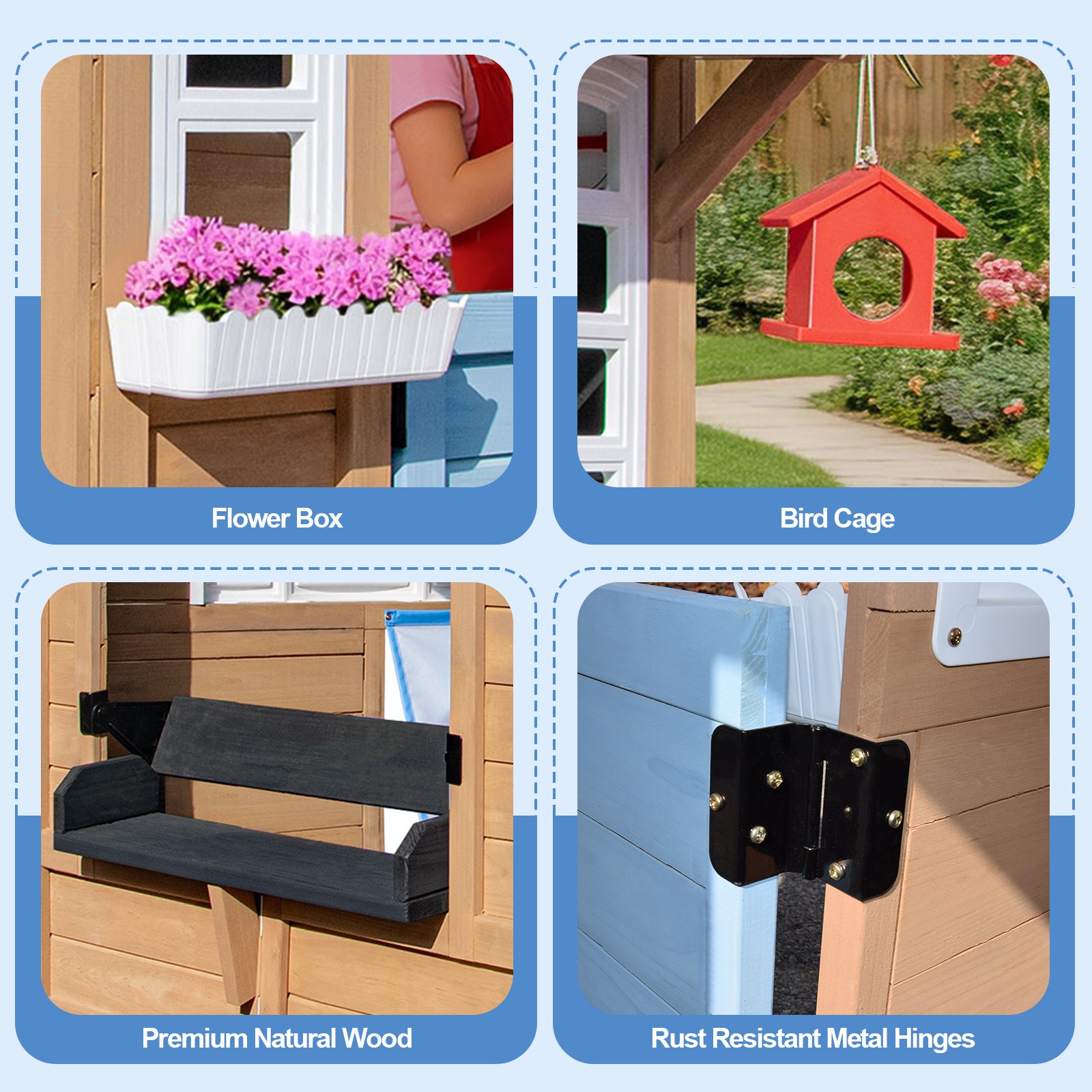 Kids Wooden Playhouse with Bench,Play Kitchen,Chalkboard,Flowerpot,Birdcage