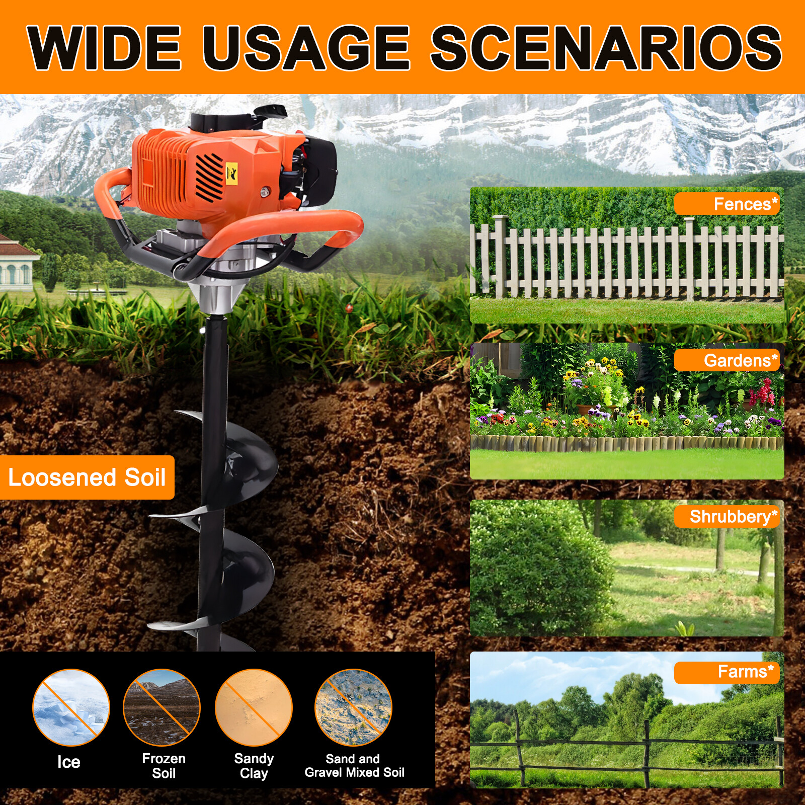 62CC Post Hole Digger Gas Powered Earth Auger Borer Ground + 4 Bits