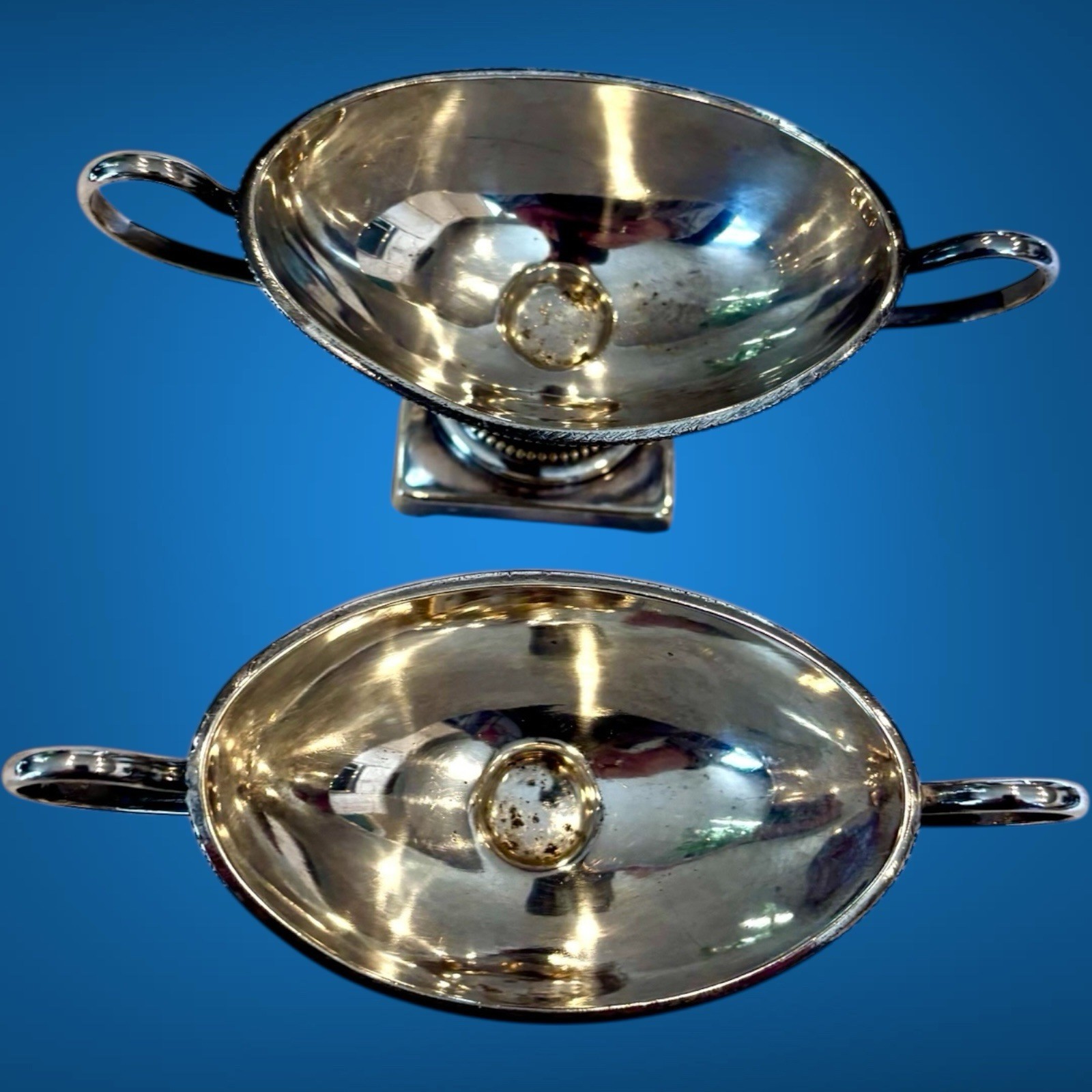 Vintage Antique Pair of Silver Plated Pedestal Salt Cellars With Handles