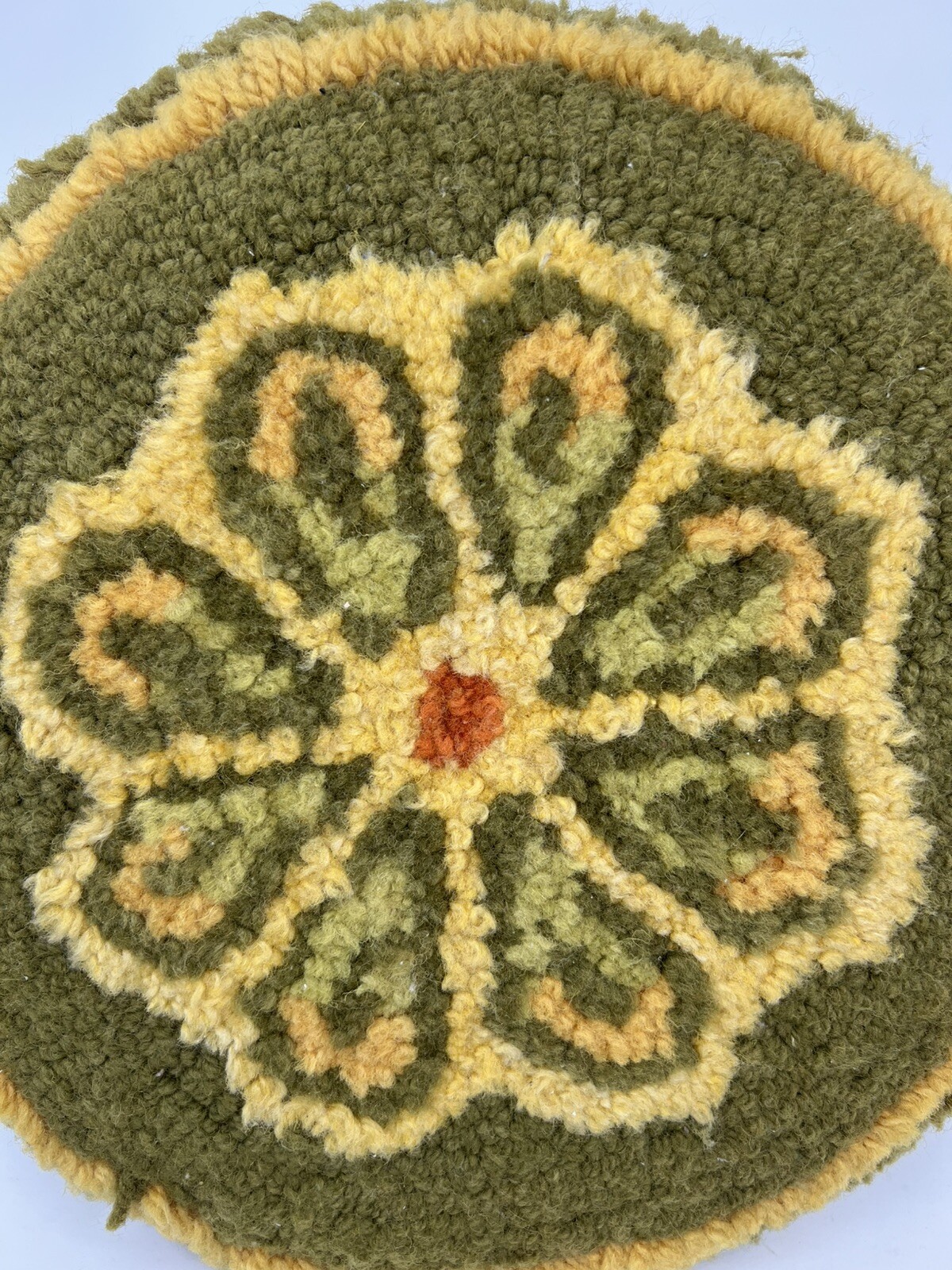 Vtg Round Footstool Floral Hooked Rug Top Wooden Legs MCM 8.75 x 12” Avacado