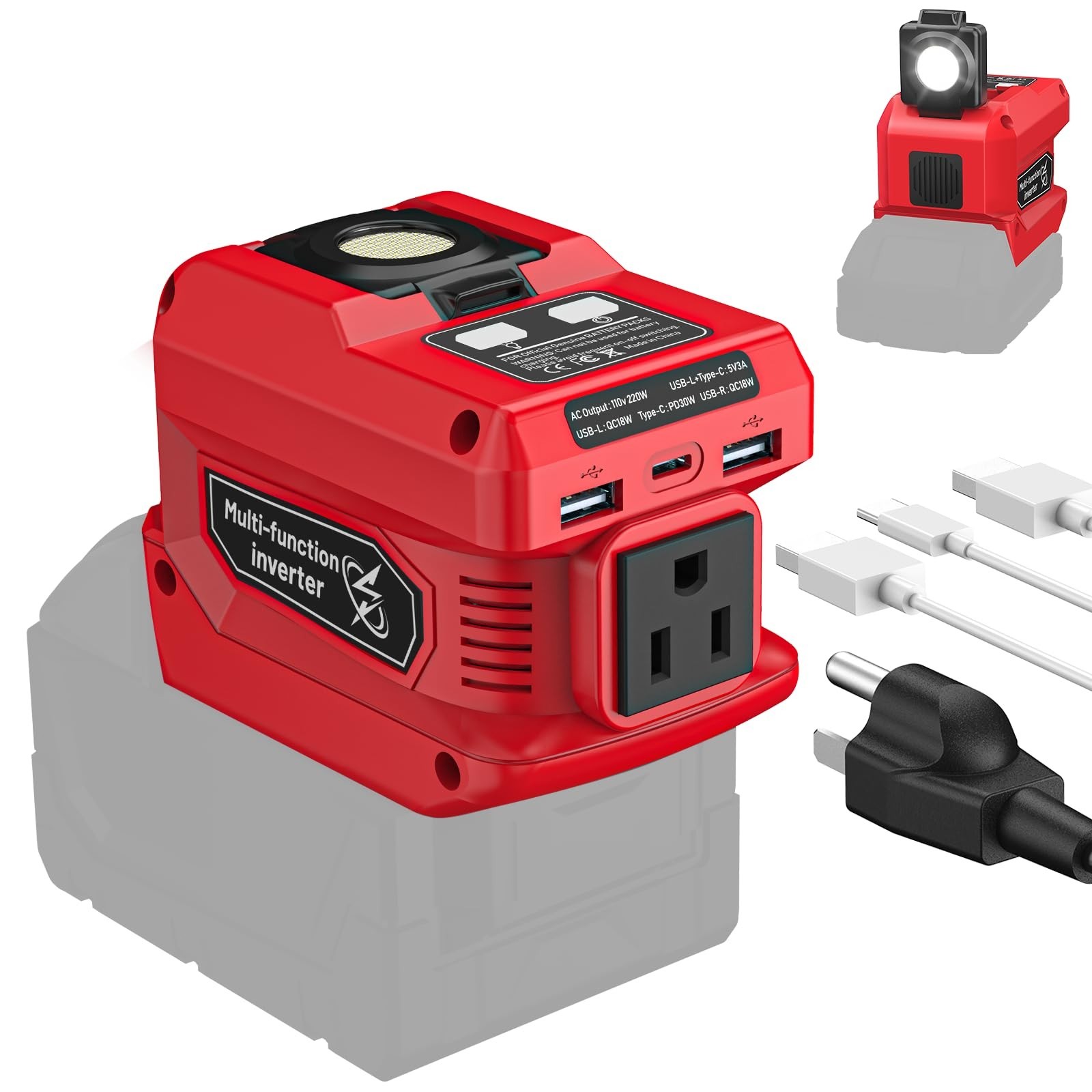 220W Power Inverter Compatible with Milwaukee 18V Battery, DC 18V to 110V