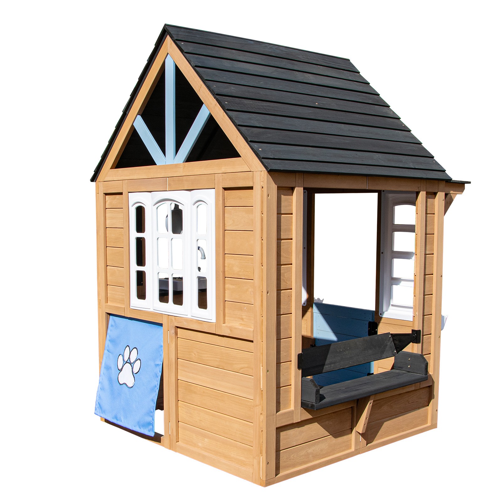Kids Wooden Playhouse Cottage w/Bench,Play Kitchen,Chalkboard,Flowerpot,Birdcage